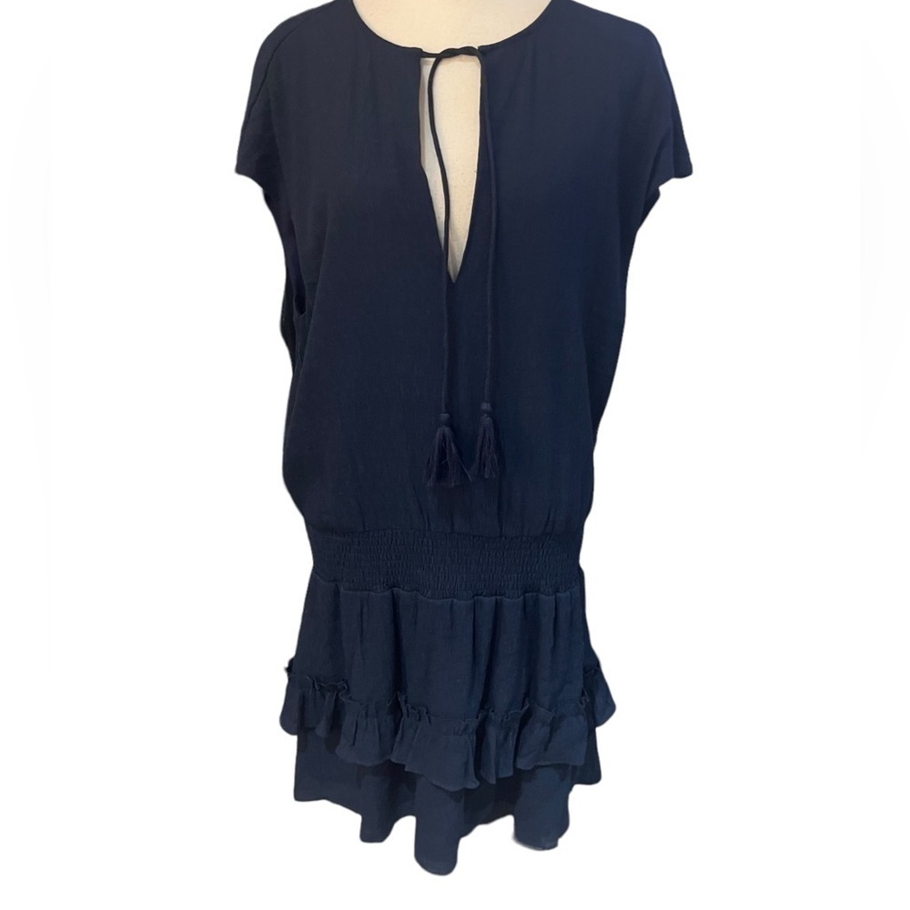 Vacate Navy Blue Dress Textured Fabric Tiered Hem Dropped Waist Sz L